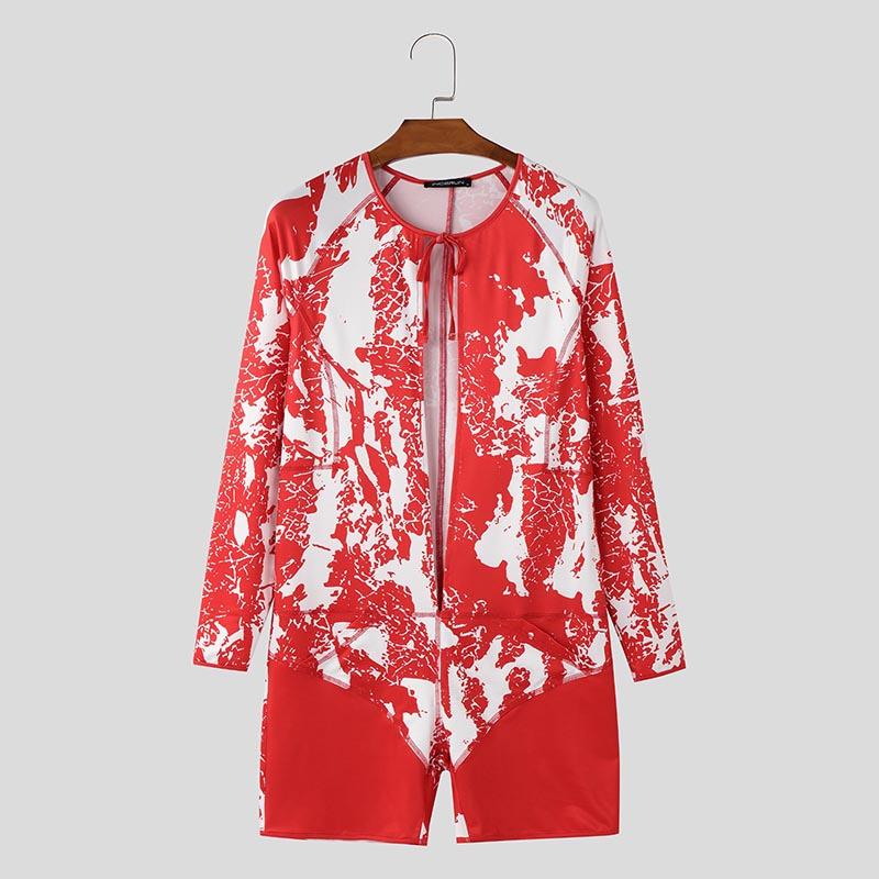 INCERUN Мужской комбинезон с длинным рукавом и принтом, открытым спереди, на шнуровке, короткий, цельный, боди, комбинезоны 