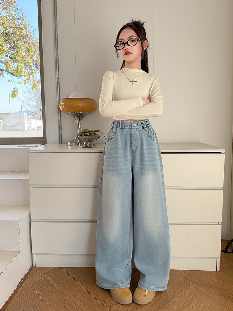 Girls' Stylish Loose Wide-Leg Jeans - Autumn 2026 Curved Leg Casual Pants for Medium & Large Children