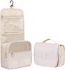 Hanging Travel Toiletry Bag: Beige Waterproof Fabric Cosmetic Organizer with Built-in Hook - Folding Makeup Pouch with Multiple Pockets for Women