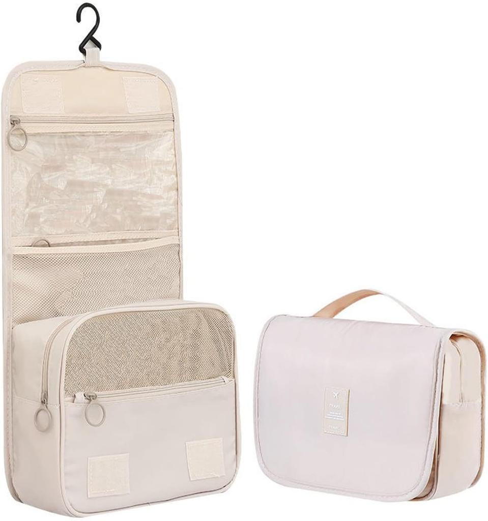Hanging Travel Toiletry Bag: Beige Waterproof Fabric Cosmetic Organizer with Built-in Hook - Folding Makeup Pouch with Multiple Pockets for Women