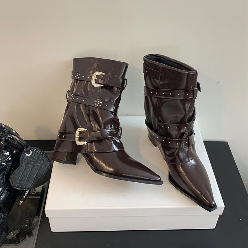 Fashion Boots Heightening Rivet Cowboy Shoes Belt Buckle Pointed Toe Thick Heel Short Boots Fashionable Comfortable Work Shoes