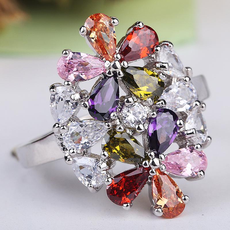Colorful Twin Flowers Shape Zircon Wedding Ring for Women Silver Color Micro-inlaid Simulation Jewelry Ring Engagement Ring
