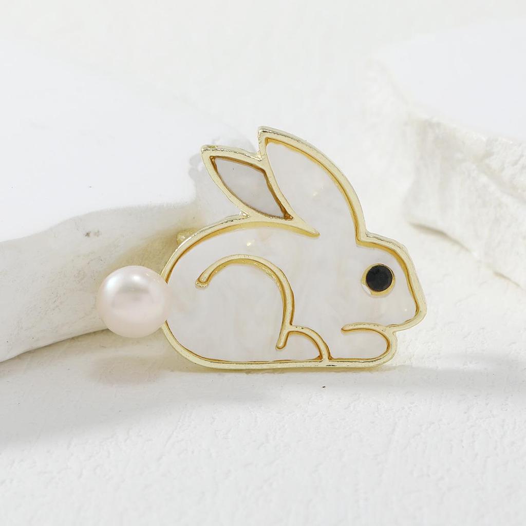 Zodiac Rabbit Brooch with Freshwater Pearl - Cute Animal Cartoon Pin