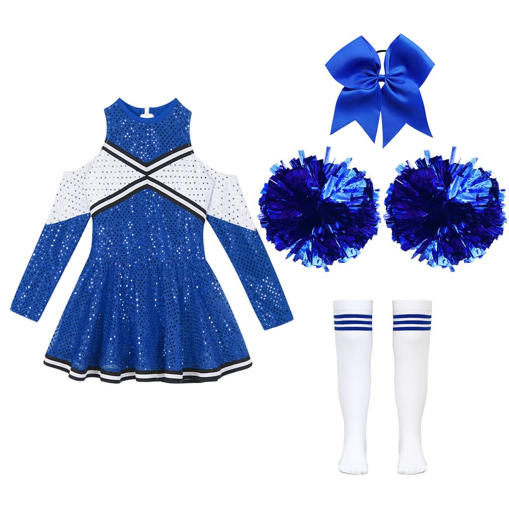 Girls Sparkling Cheerleading Outfit Off Shoulder Sequin Dress Long Sleeve Bow Headwear Hand Accessories Sport Socks