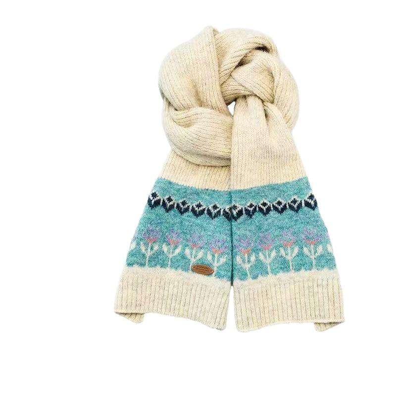 Шарф-платок с жаккардовым узором в стиле Fair Isle, женский, осенний и зимний, корейская атмосфера, контрастные цвета, новый, утолщенный, теплый шарф