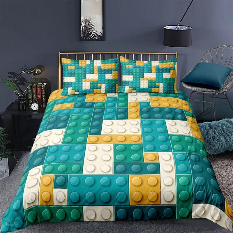 Building Block Duvet Cover Single Queen Bedding Set Colorful Toy Cubes Blocks Printed Soft Microfiber Quilt Cover for Teen Girls
