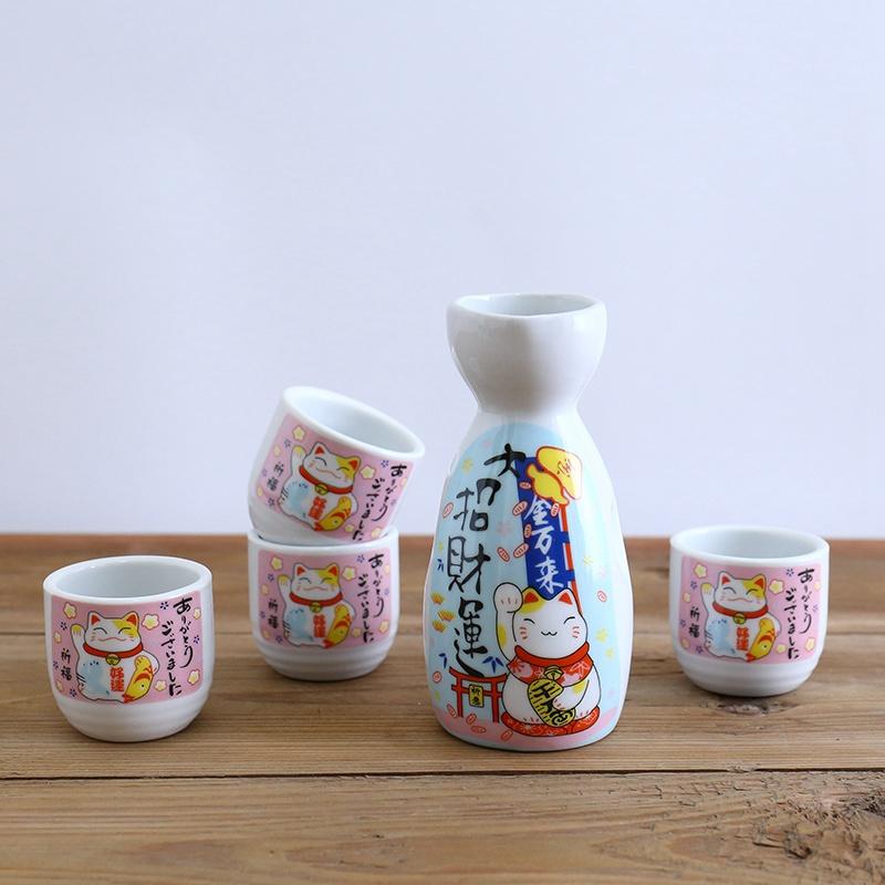 Набор из 5 предметов для вина, японский керамический набор для сакэ Maneki Neko (1 бутылка ТОККУРИ 200 мл и 4 чашки ОЧОКО) Посуда Lucky Cat