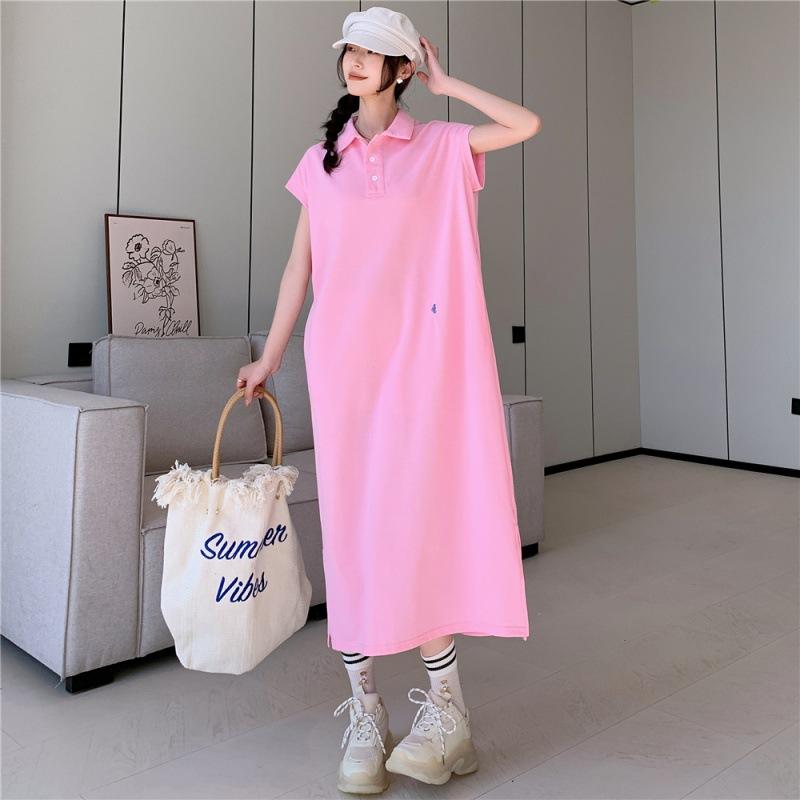YYFS Женская мода лето весна однотонный принт короткий рукав воротник поло свободная талия повседневные платья