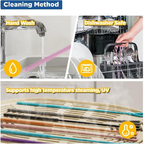 YOTIME Silicone Straw Cleaner Brush, 2Pcs Reble Straw Brush Extra Long for Cleaning Tumbler with Handle and Glass Metal Smoothie Straws, Non-slip