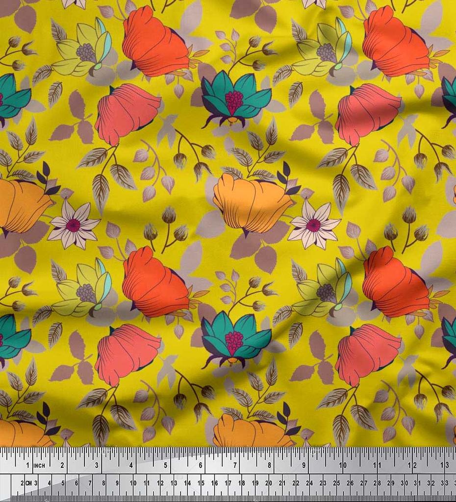 Soimoi Japan Crepe Satin Fabric Leaves & Floral Artistic Fabric Prints By Metre 42 Inch