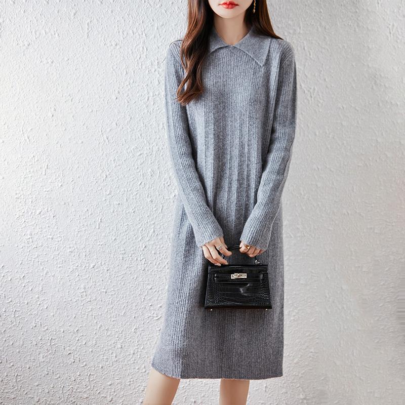 Women Sweater Dress 100% Wool TIDENOVEL Turn-down Collar Knit Long Pullover Winter Jumpers Wool Long Dress Female