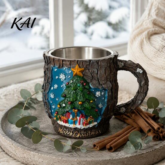 Christmas Party Supplies Theme Mug with Stainless Steel Liner, 3D Relief Hand Decorative Beverage Cups Painted Resin Coffee Cup, Drinkware for Holiday