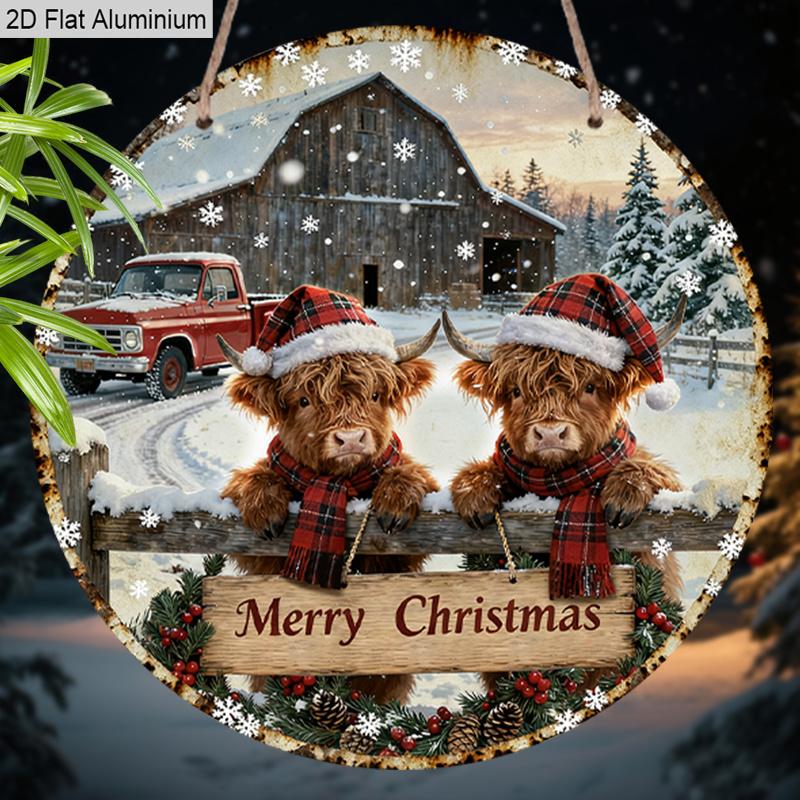 2D Flat Merry Christmas Aluminium Sign with Highland Cow Pattern - Navidad Figurine Ornaments - Ideal for Front Door, Wall, Porch, Fence Decor