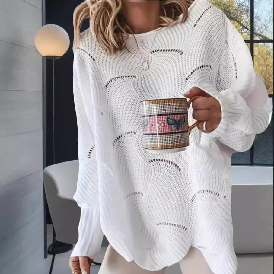 Women New Casual Fashion Hollow Hook Sweater Big Size Loose Solid Color Knit Sweater