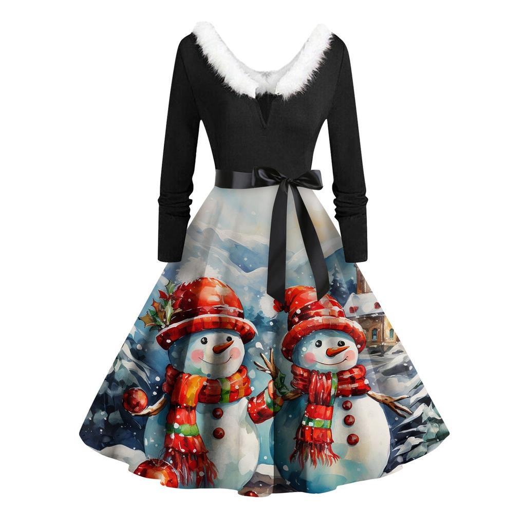 Women Vintage Long Sleeve Christmas Print 1950s Housewife Evening Party Prom Dress