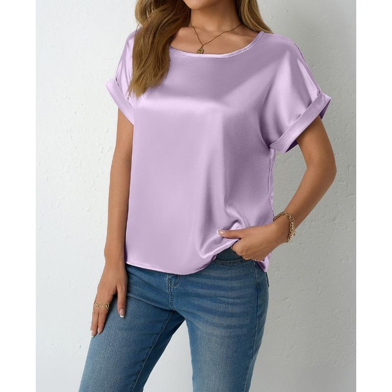 Women's Spring Summer Short-sleeved Satin Shirt Loose Casual Color T Shirt