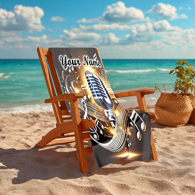 1PC Custom Name Music Microphone Artwork Beach Towel Highly Absorbent And Sand-Resistant Towel for Swimming, Pool, Yoga, And Travel Lightweight