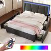 Upholstered Bed with LED Lighting and 4 Drawers, Height-Adjustable Headboard, Double 140x200cm Storage Frame, Slatted Frame, Grey (Without Mattress)
