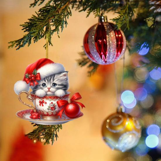 Acrylic Teacup Cat Hanging Ornaments Cute Cartoon Cat Christmas Ornament 2D Flat Car Mirror