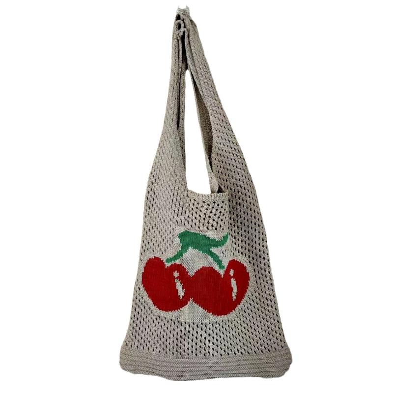 Summer Hollow Out Shoulder Bag Cherry Desing Knit Bag Hand Woven Fashionable Beach Simple Shopper Totes