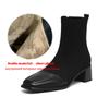 Krazing Pot Cow Skin Winter Square Toe Chelsea Boots Med Heels Zipper Women Flock Patch Work Ankle Boots