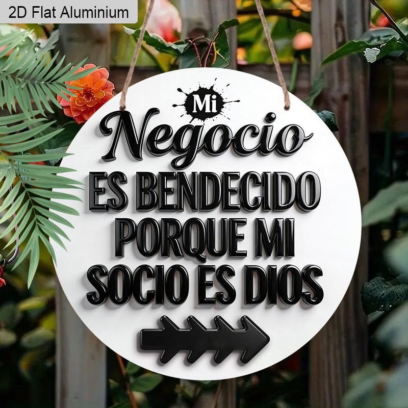 2D Flat 1pc Vintage Shop Signage Hanging Aluminium Decoration Plaque, "Negocio Es Bendecido Porque Mi Socio Es Dios" Lettering Sign, Office Decor