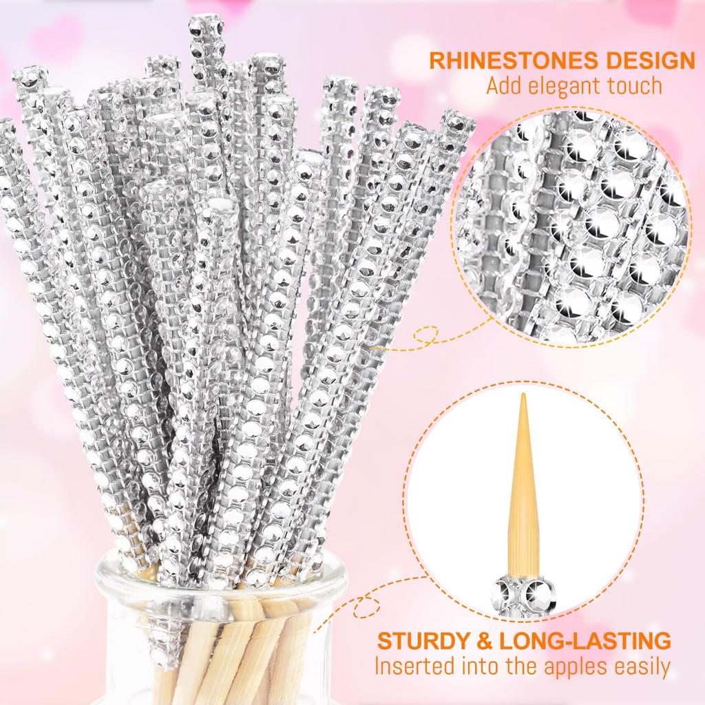 Silver Candy Apple Sticks, 26Pcs Bling Caramel Apple Wooden Pointed Skewers, Fruit Treats Cake Pop Decorative Sticks with Glass Bag Glitter Ribbons