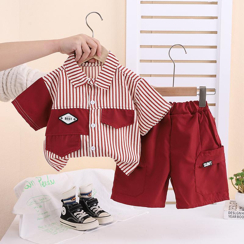 Комплект с короткими рукавами для мальчика 0-5 лет Детская полосатая рубашка с воротником+шорты Комплект из двух предметов Модная одежда Для мальчиков Малыши