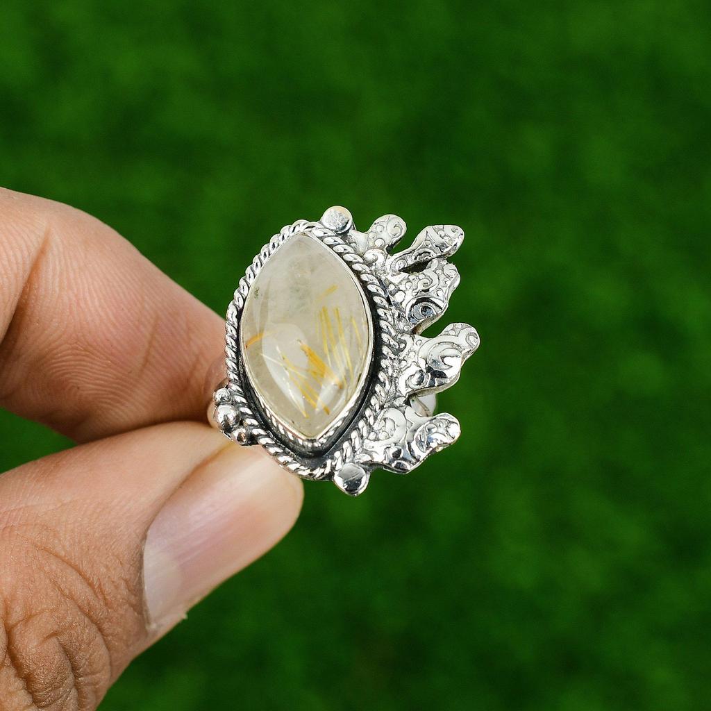 Natural Golden Rutile Gemstone 925 Silver Promise Adjustable Ring For Women