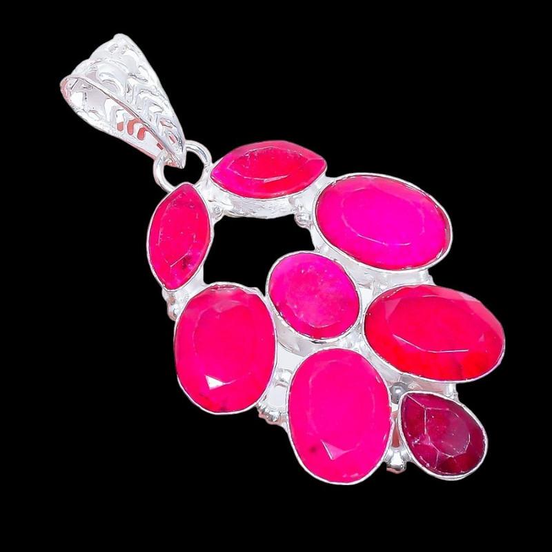 Faceted Ruby Gemstone 925 Sterling Silver Jewelry Pendant 2.3" AH-3399