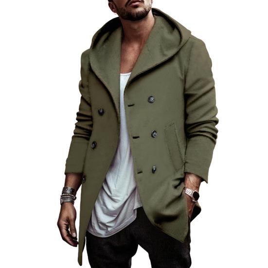 Men Windbreaker Coat Hooded Long Sleeve Solid Color Double-Breasted Jacket with Pockets Autumn Winter Outerwear