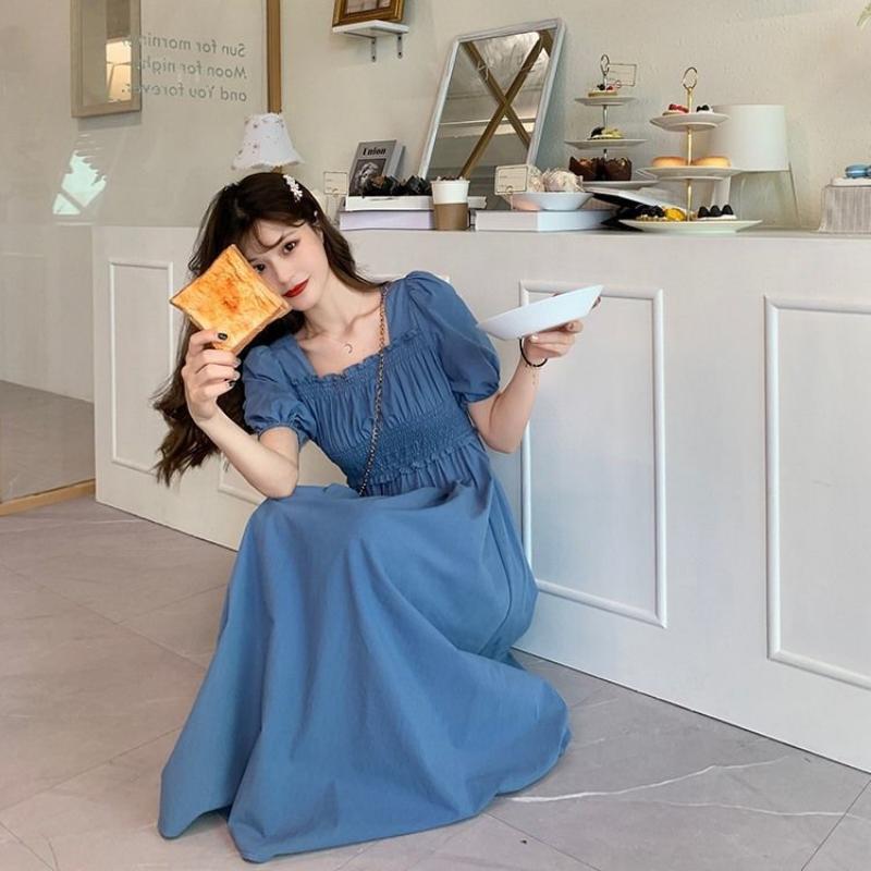 Летние платья Ретро французские платья длиной до колена, с квадратным вырезом и рукавами-пузырьками, с квадратным вырезом и талией