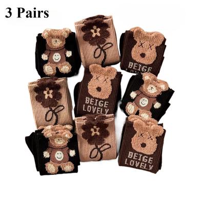 3 пары женских носков с медведем, плюшевые носки до середины икры, милые модные осенние и зимние носки