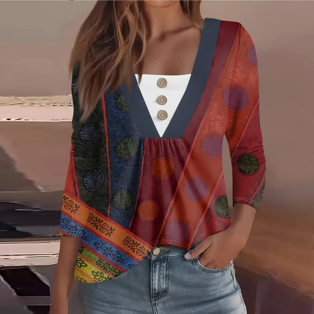 Women's Fashion Casual Long Sleeve Shirt Floral Printed Button V Neck Up Tops