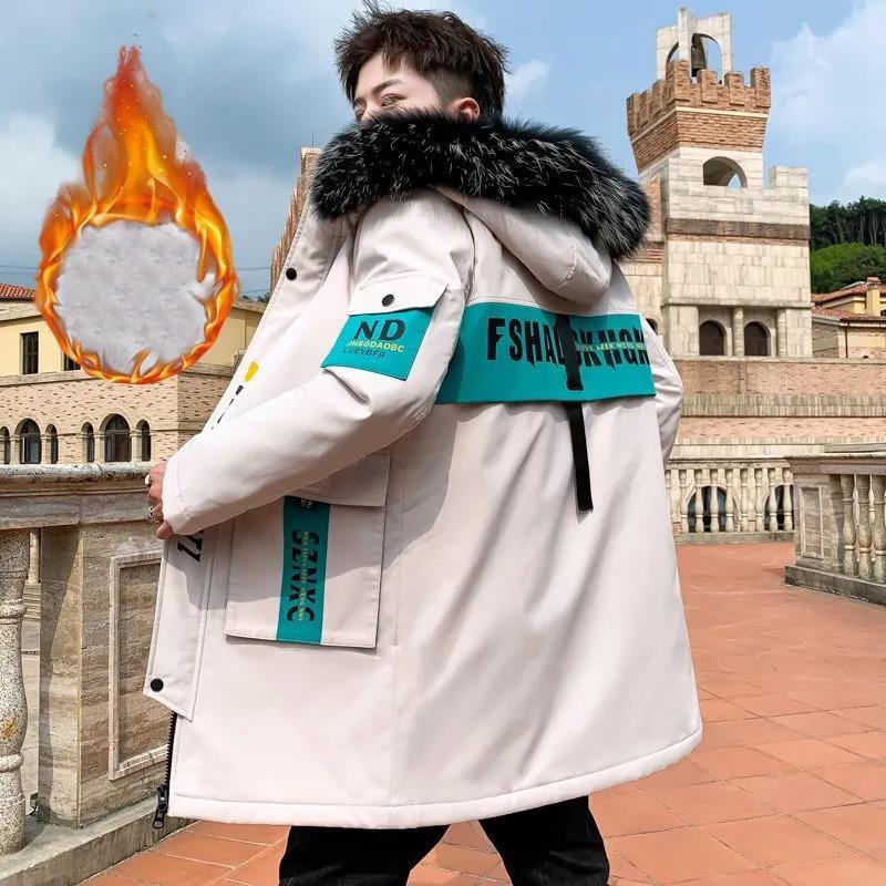 Пуховик с большим меховым воротником, мужская зимняя утолщенная хлопковая куртка, верхняя одежда средней длины с капюшоном, повседневная куртка, теплые пуховые пальто на дикой молнии