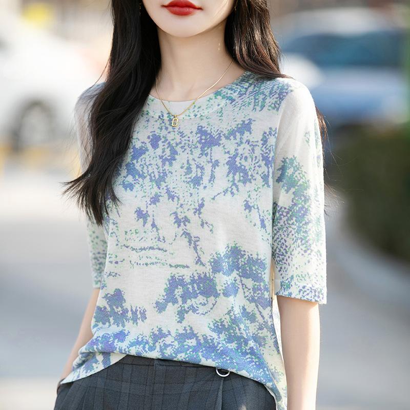 Женский весенне-летний круглый вырез с принтом, свободный внутренний тонкий универсальный трикотаж