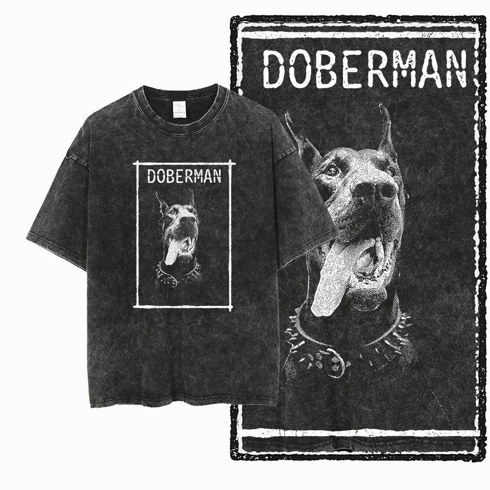 DoberUnisex Собака Винтажный Графический Принт Стирка Потертый Большой Размер Черный Хлопок Унисекс Ретро Футболка G