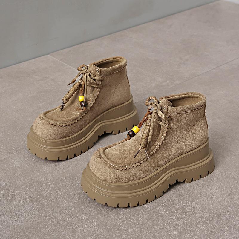 Ретро замшевые ботинки Мартина с круглым носком для женщин 2025 новые модные универсальные ремешки на толстой подошве каблук короткие ботинки