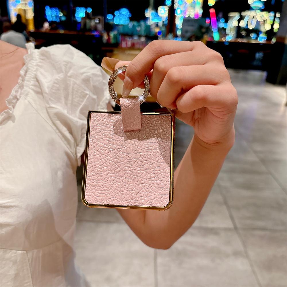 Luxury Rhinestone Plating Frame Lychee Leather Phone Case For SAMSUNG Z Flip 7 6 5 4 3 Finger Ring Solid Color Protective Cover