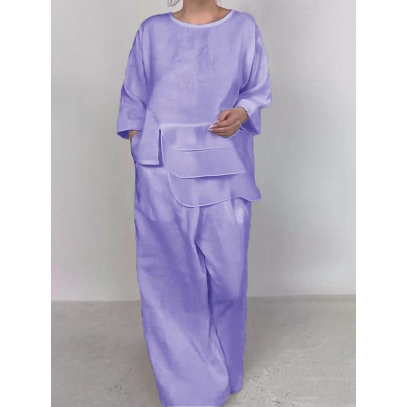 Женский весенне-летний однотонный свободный костюм для офиса, удобный свободный комплект из 2 предметов: футболка с круглым вырезом и брюки