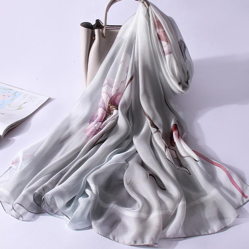 Осень 100% Шелк Длинный Шарф на Шею Женский Ханчжоуский Шелк Шали Парео Принтованный Фуляр Женский Буфанда Роскошный Большой Платок на Голову 110X190СМ