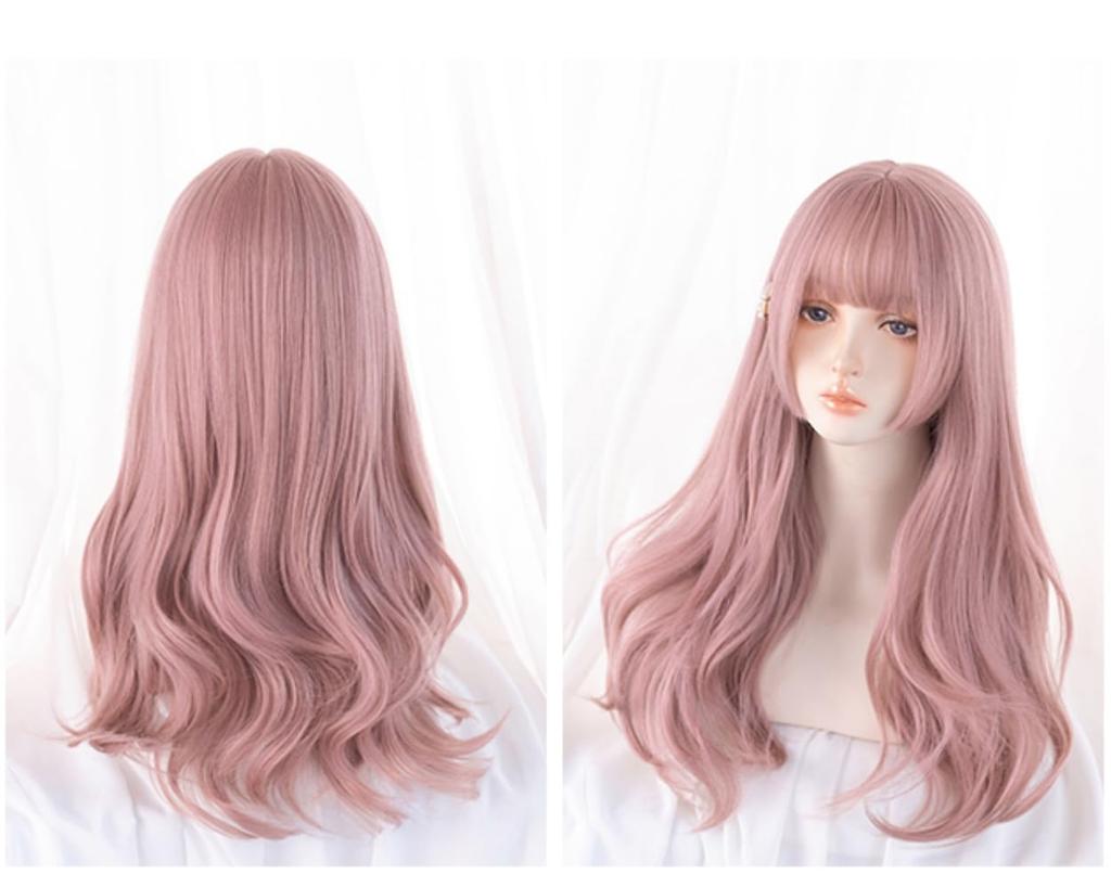 RyuuCos Lolita Long Plunging Pink Curly Light Wisteria Heat School Cultural Festival Wig, Hair, Curly, Bangs, Wig, Hair, Pink, Cosplay, Resistant,