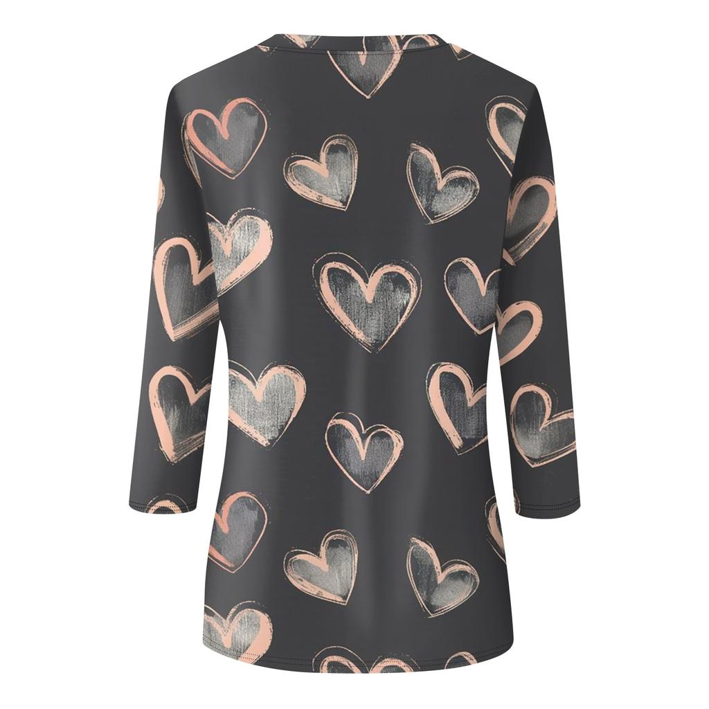 Женская мода, повседневная свободная футболка с принтом на День святого Валентина и круглым вырезом, рукав 3/4, женский топ