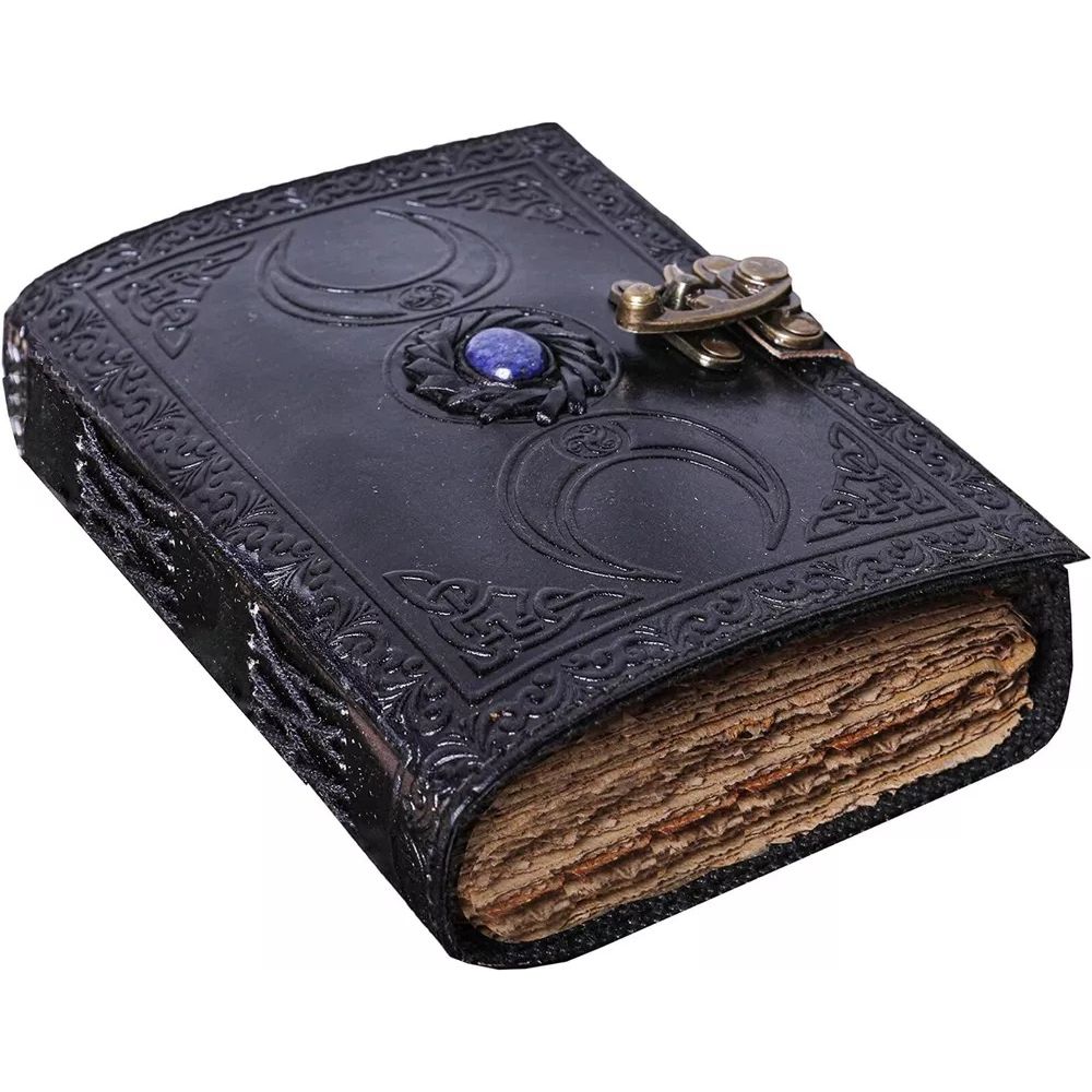 Vintage Leather Journal Semi Precious Witch Stone Black Triple Moon Design-Lock