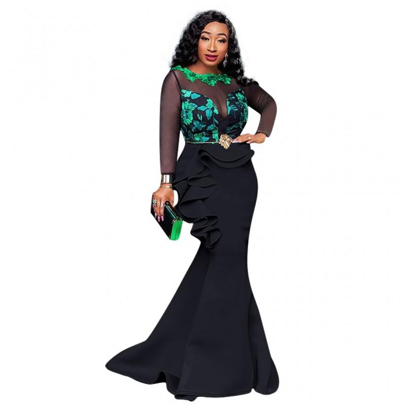 Elegant Plus Size Lace Trim Mesh Sheer Ruffle Maxi Dress Women 2025 Office Chic Long Sleeve Round Neck