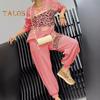2 Pcs/Set Women Casual Outfit Top Pants Set V Neck Long Sleeves Bronzing Leopard Print Sweatshirt Elastic Waist Sweatpants Sport Outfit Autumn