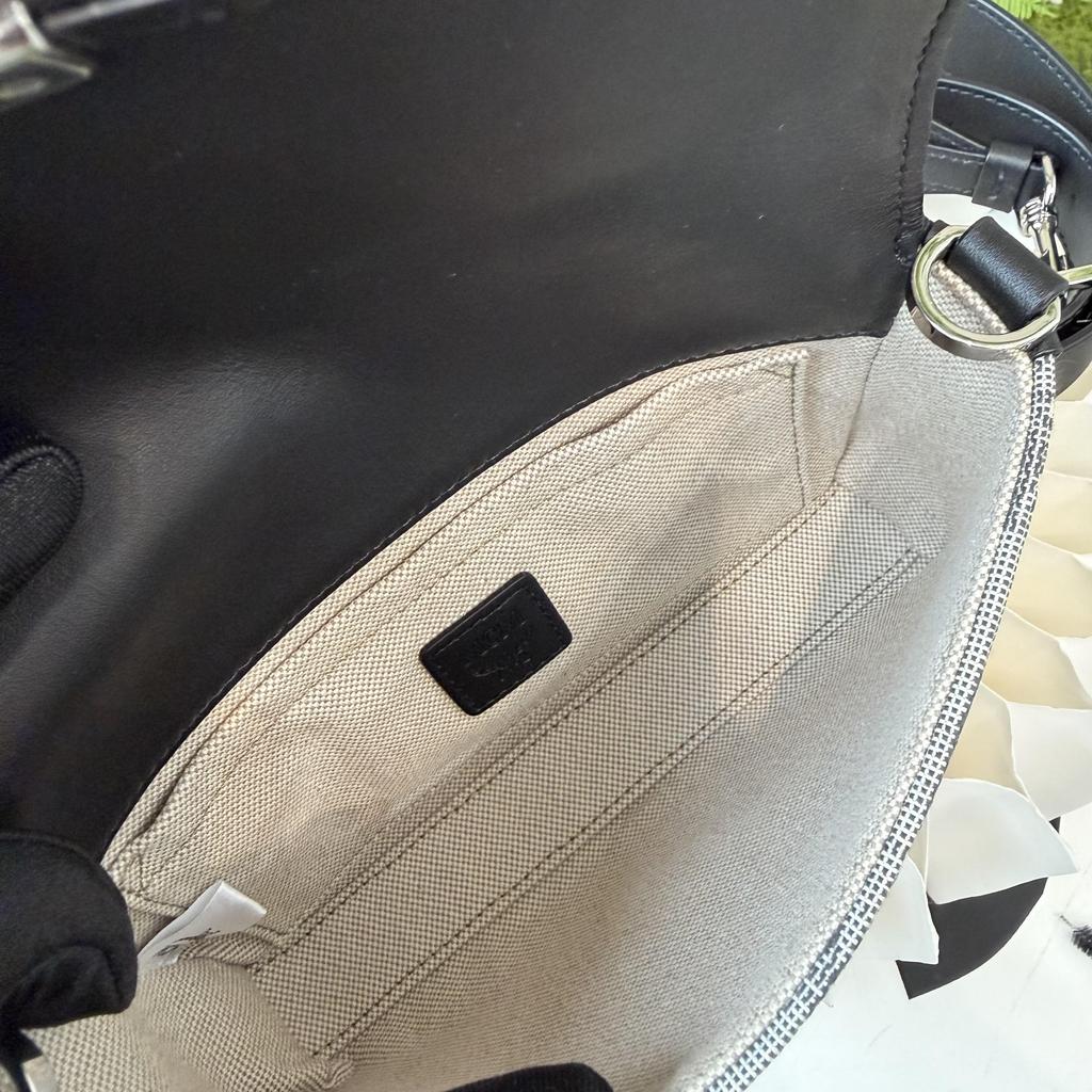[Pre-Owned] Letter Logo Print Metal Buckle Nappa Leather Jacquard Fabric Shoulder Crossbody Bag Small - Very Good #PPAG56