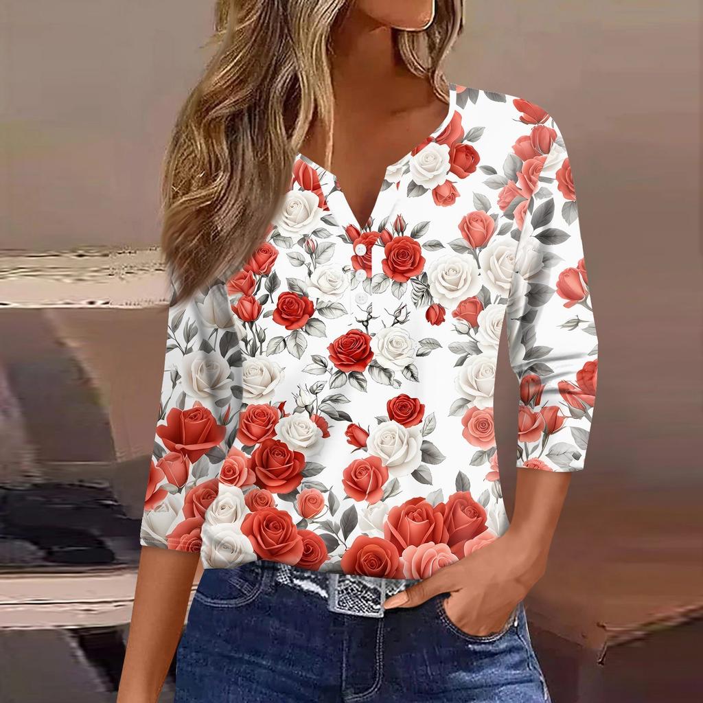 Жен. Футболка С принтом Пуговицы Рукав 3/4 Повседневные Выходные Мода Классический Классический V-образный вырез Обычный Верх