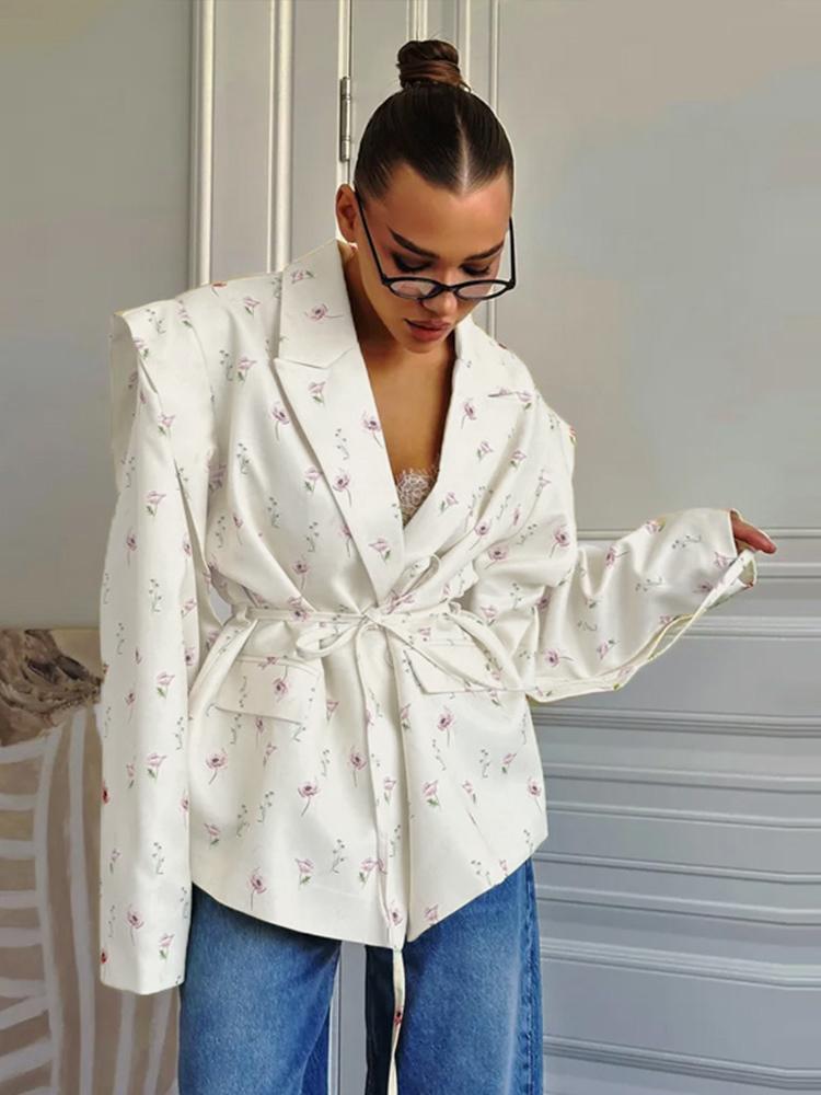 Fashion Floral Belts Blazer Coat Women Shoulder Pads Single Breasted Notched Long Sleeve Street Jacket 2025 Spring Holiday Party