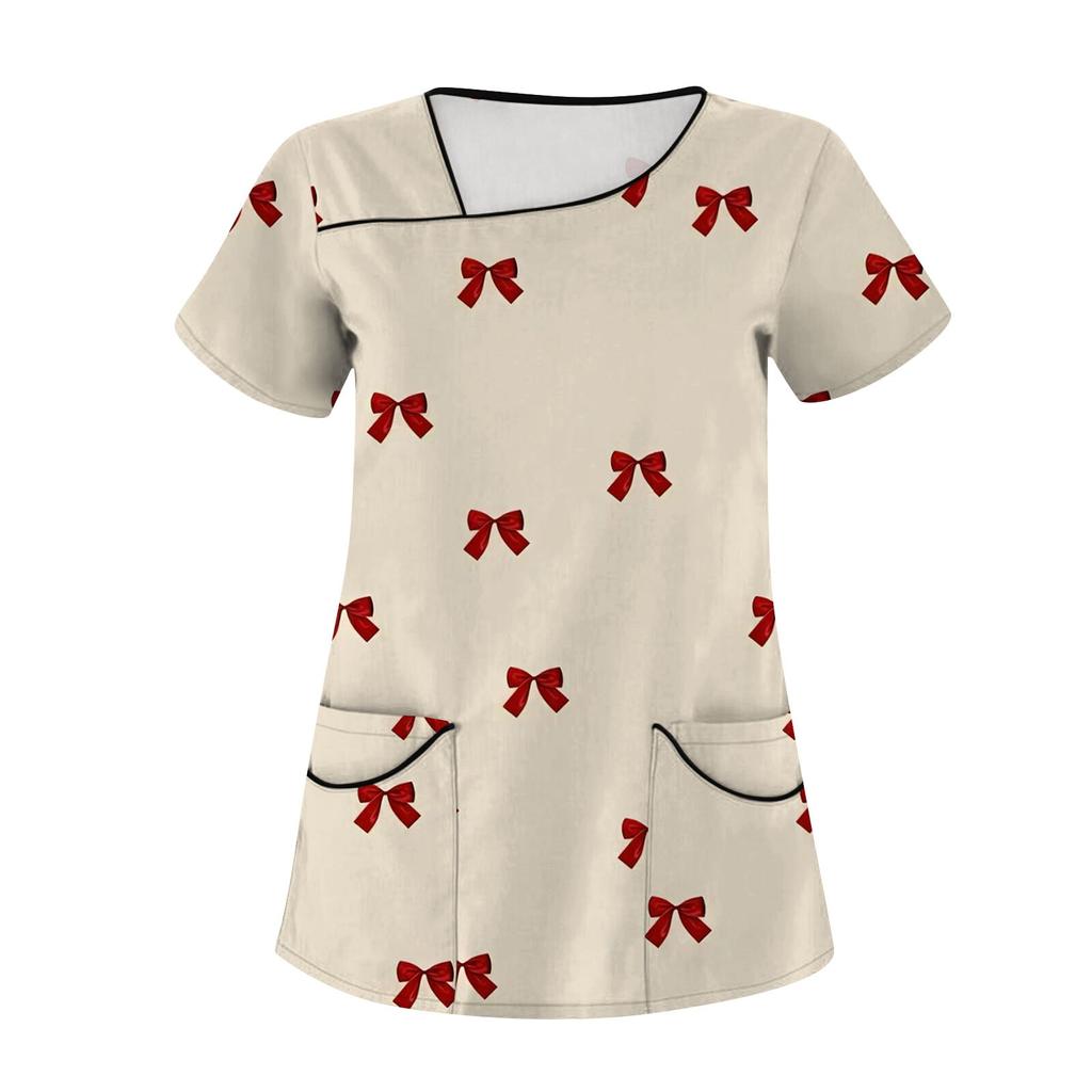 Женская мода с бантом и принтом, короткий рукав, рабочая одежда с двойными карманами